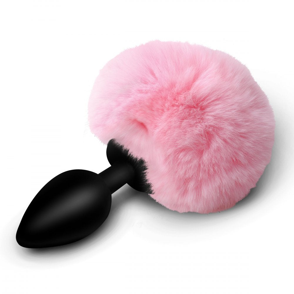 Black Silicone Anal Plug with  Pink Artificial Fur Tail