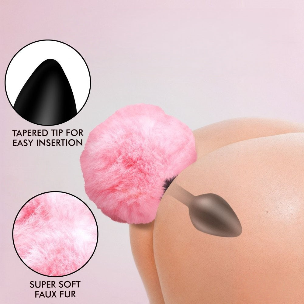 Black Silicone Anal Plug with  Pink Artificial Fur Tail