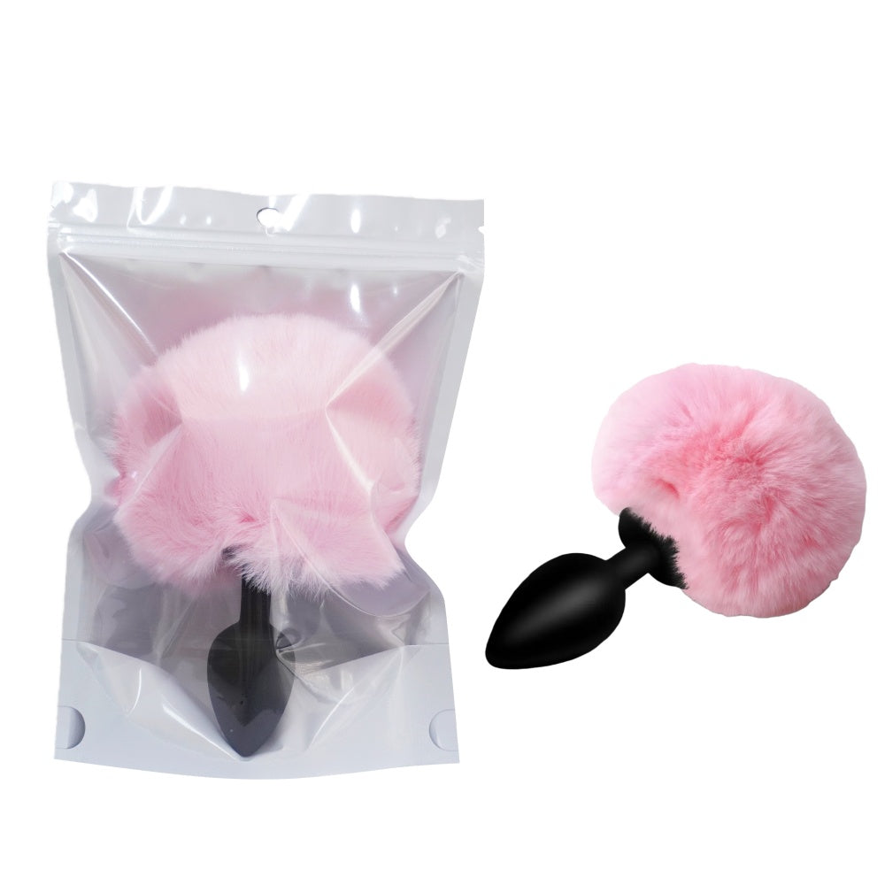 Black Silicone Anal Plug with  Pink Artificial Fur Tail
