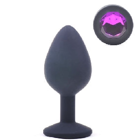 Black Medium Size Silicone Anal Plug with Purple Diamond