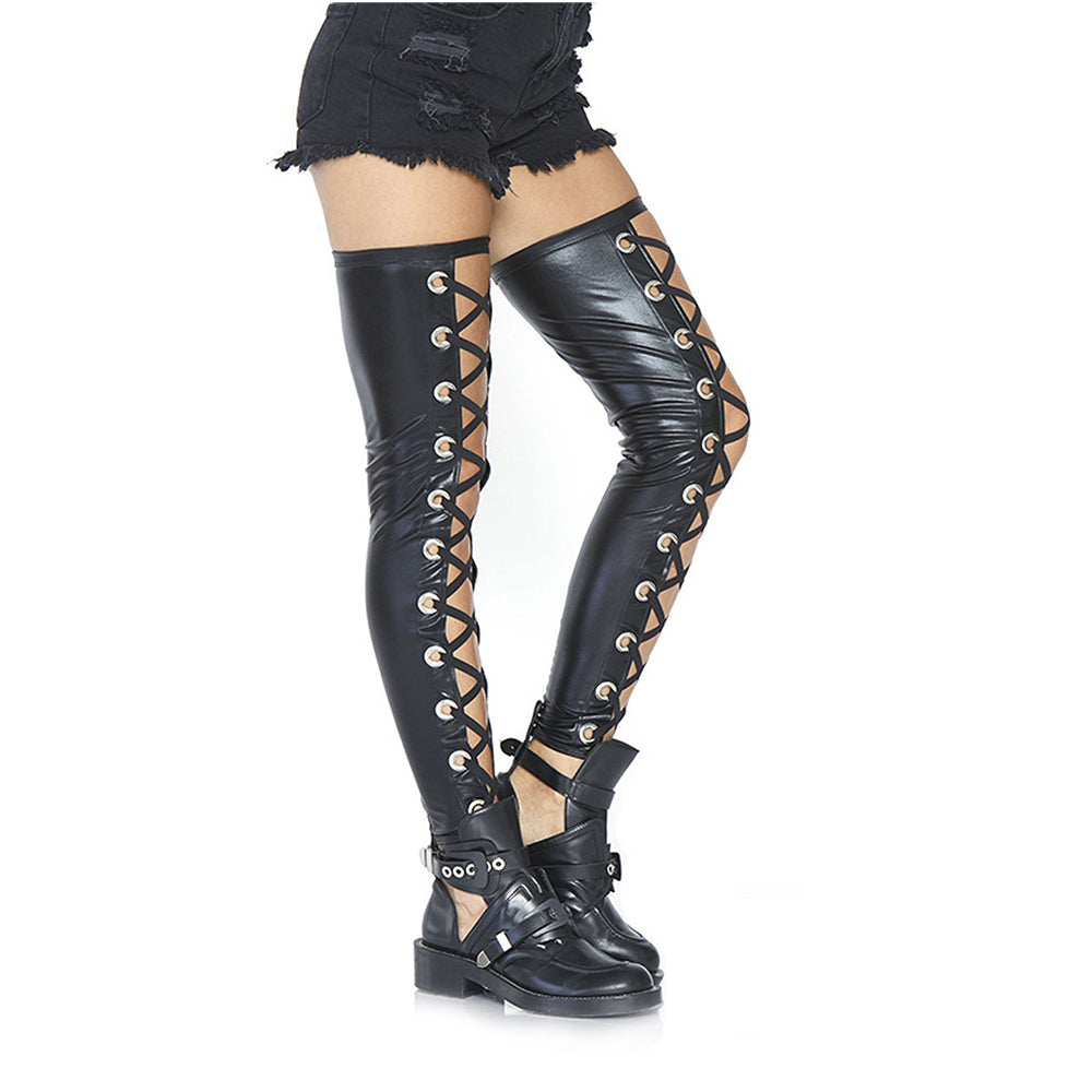 Leg Avenue Wetlook footless lace up thigh M/L
