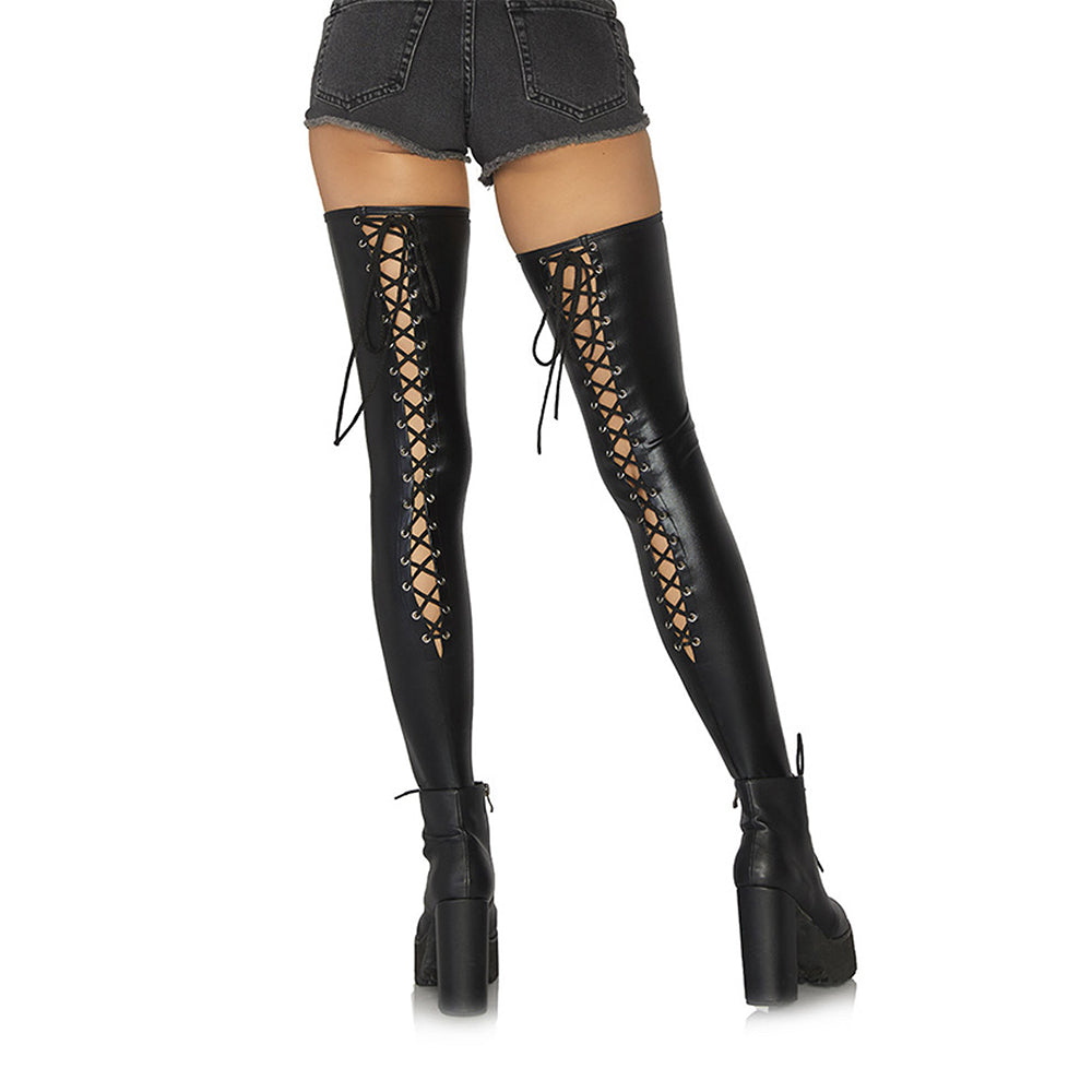Leg Avenue Wetlook lace up thigh highs S/M