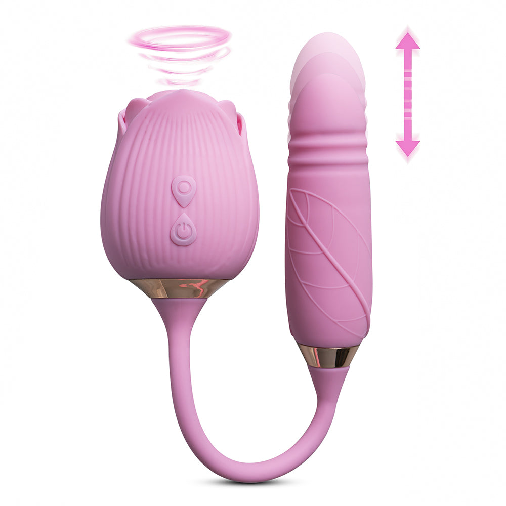 10-Speed Pink Color Silicone Clitoral Sucking Rose with Thrusting Vibrator