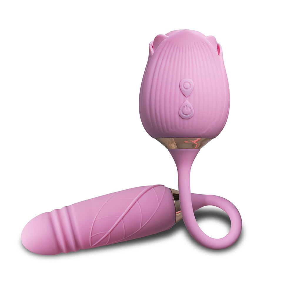 10-Speed Pink Color Silicone Clitoral Sucking Rose with Thrusting Vibrator