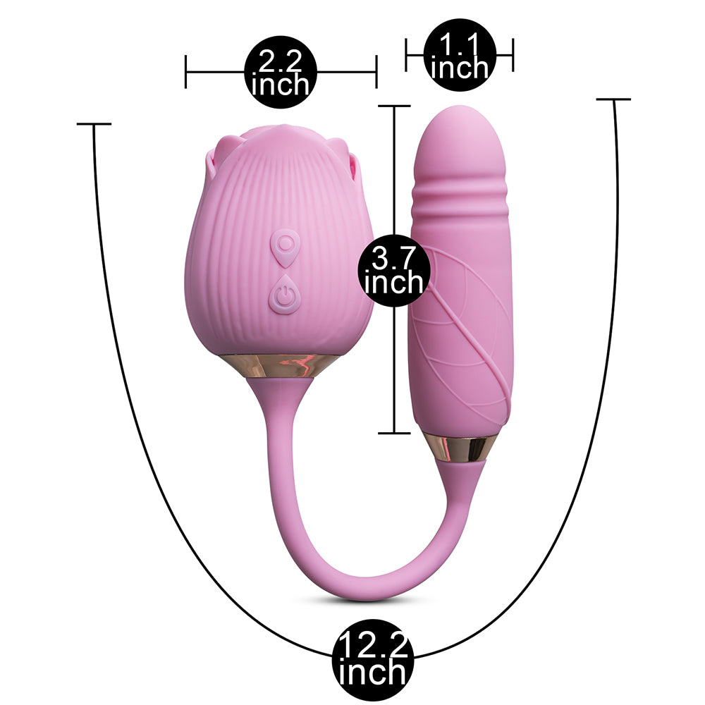 10-Speed Pink Color Silicone Clitoral Sucking Rose with Thrusting Vibrator