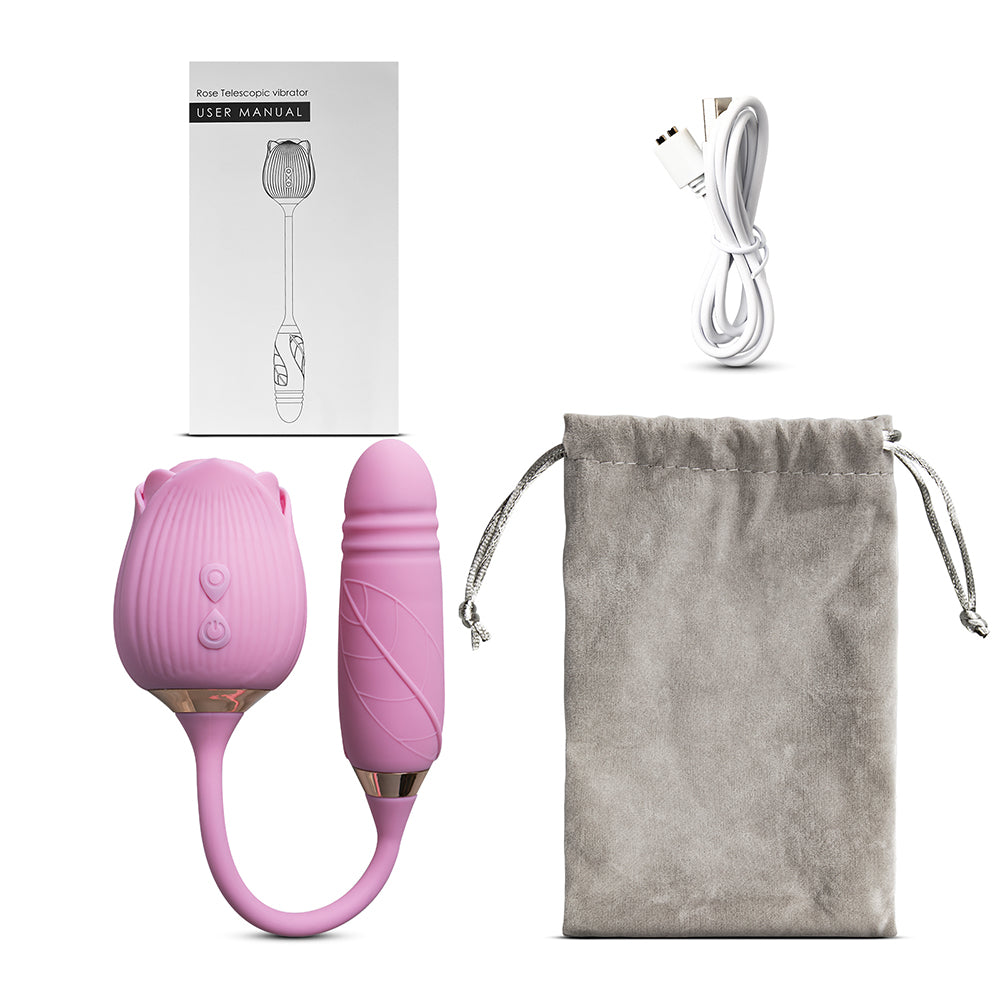 10-Speed Pink Color Silicone Clitoral Sucking Rose with Thrusting Vibrator