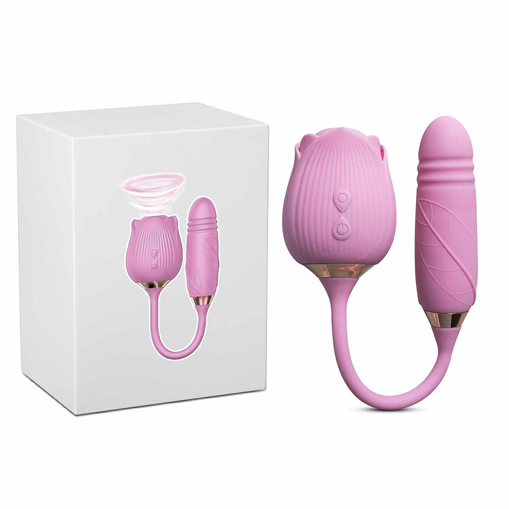 10-Speed Pink Color Silicone Clitoral Sucking Rose with Thrusting Vibrator