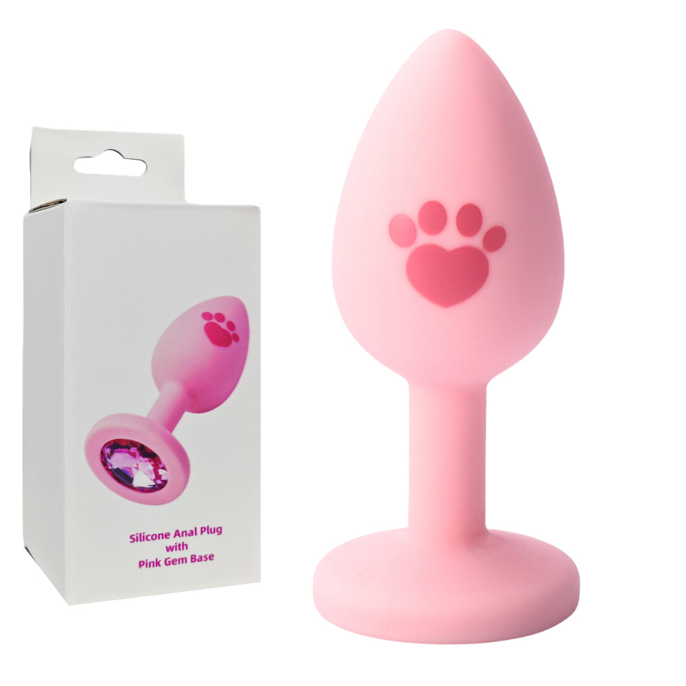 7 Cm Cat Paw Design Pink Silicone Anal Plug with Pink Gem Base