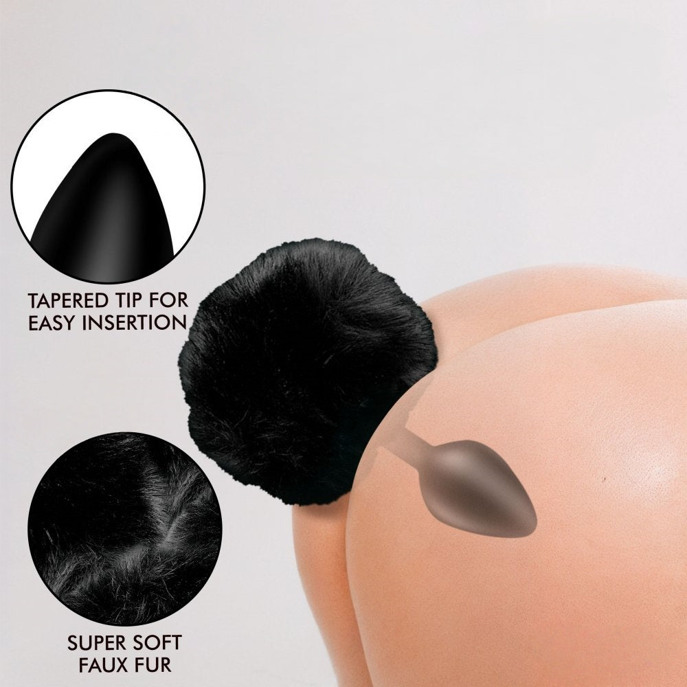 Black Silicone Anal Plug with Black Artificial Fur Tail