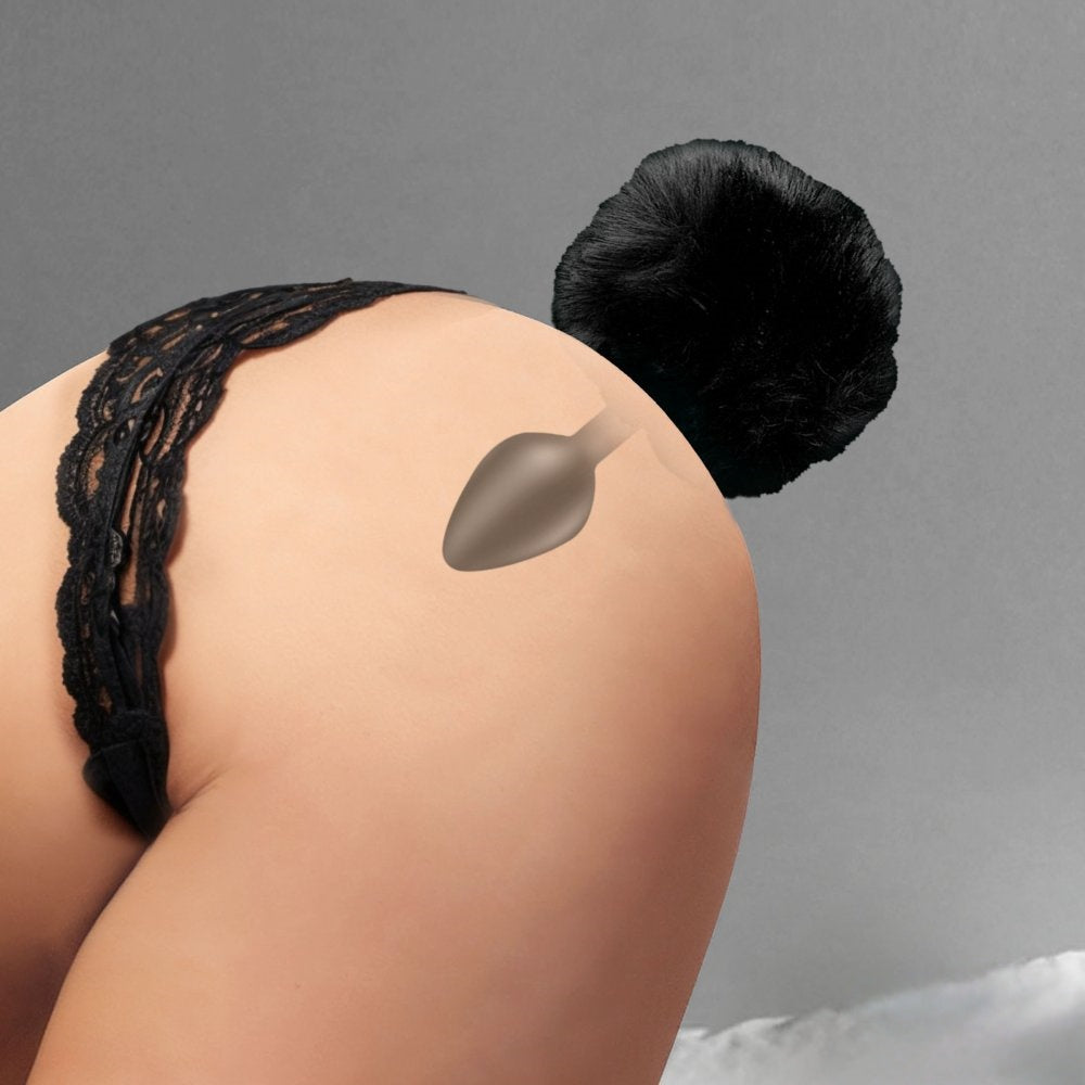 Black Silicone Anal Plug with Black Artificial Fur Tail