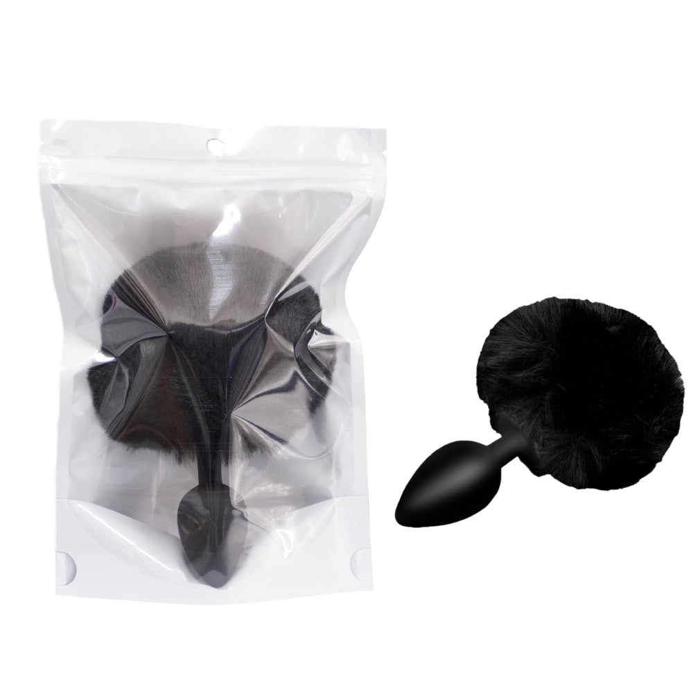 Black Silicone Anal Plug with Black Artificial Fur Tail