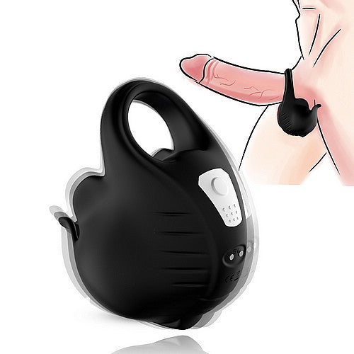 9 Speeds Rechargeable Black Color Silicone Vibrating Cock Ring with Ball Holder