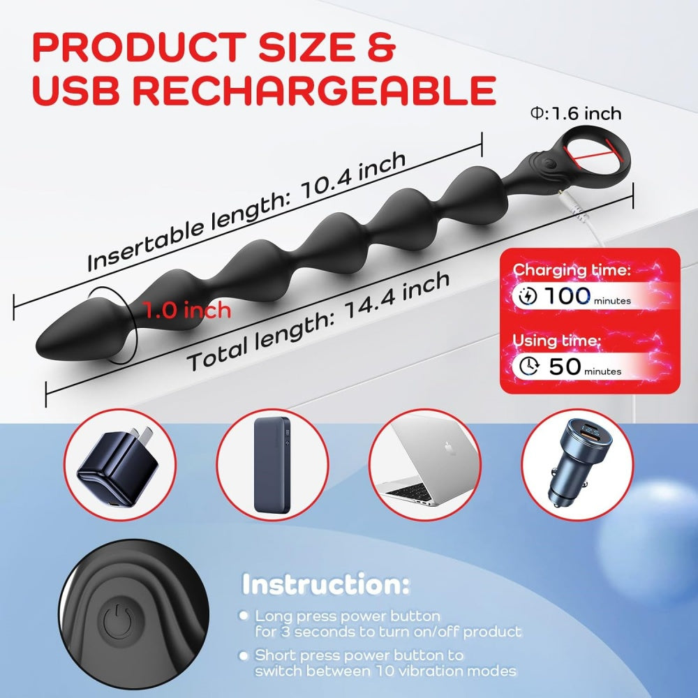 36.5 CM 10-Speed Black Rechargeable Silicone Vibrating Massagers with 3 Motors